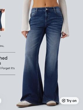 Halara size L Petite Dark Blue worn look super soft 4-way Stretch Flare Jeans